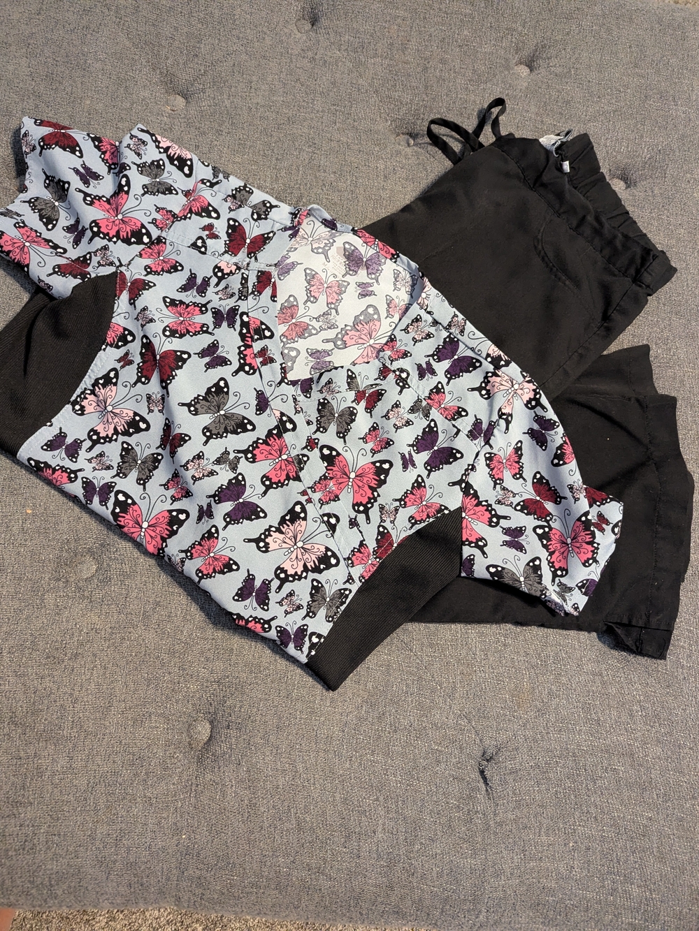 Barco Uniforms Butterfly Print Scrub Top with Black Pull-On Shorts